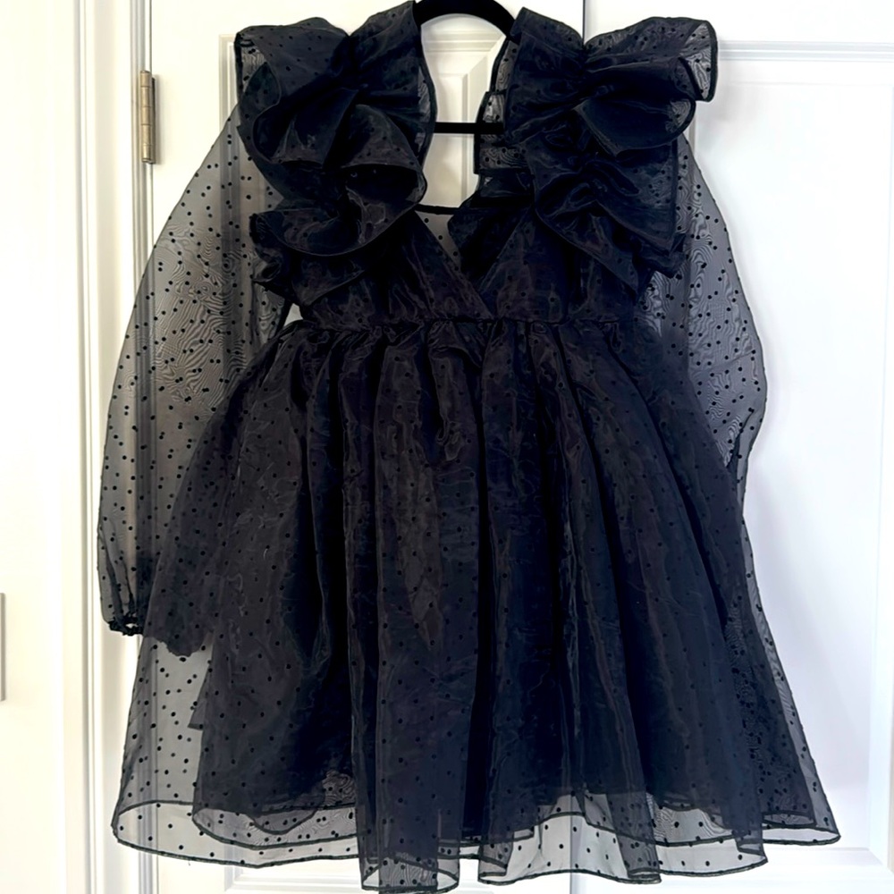 Selkie black polka dot sheet puff dress - small